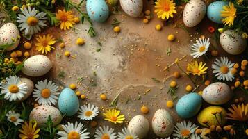 AI generated Easter-themed backdrop featuring spring flowers and Easter eggs. photo