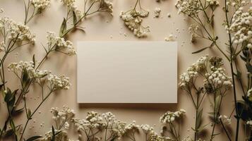 AI generated Mockup of a wedding invitation card featuring natural eucalyptus and white gypsophila plant twigs. The blank card mockup is set against a beige background. photo
