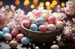 AI generated A basket filled with colored Easter eggs, surrounded by flower bulbs and daffodils photo
