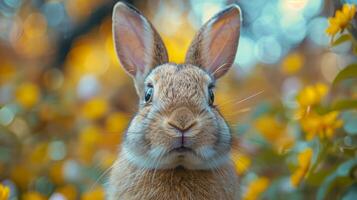 ai generado un cerca arriba de un Conejo en un campo de flores foto