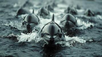 ai generado grupo de delfines nadando en el Oceano foto