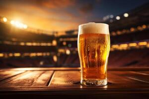 AI generated a beer glass sitting on a wooden table next to a soccer stadium photo