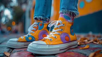 AI generated Vibrant Yellow Sneakers With Colorful Circles Design photo