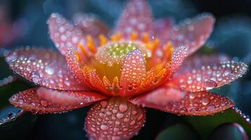 ai generado rosado flor con agua gotas foto