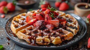 AI generated Waffle Topped With Chocolate and Strawberries on Plate photo