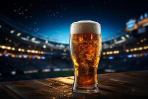 AI generated a beer glass and field are on a table in front of a stadium photo