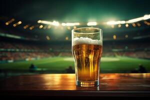 AI generated a beer glass and field are on a table in front of a stadium photo