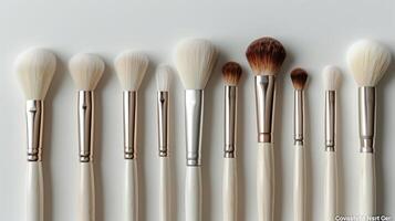 AI generated set of makeup brushes arranged neatly on a white background photo