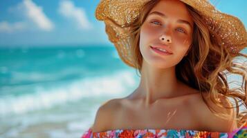 ai generado mujer vistiendo Paja sombrero en playa foto