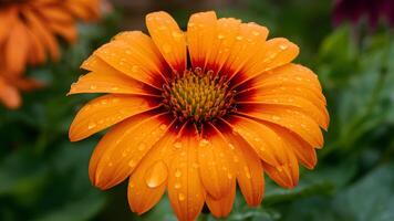 AI generated Rain droplets collect on orange flower petals, bright garden background photo