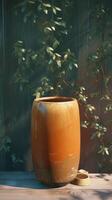 AI generated Rustic ceramic pot showcased in a close view amidst trees Vertical Mobile Wallpaper photo