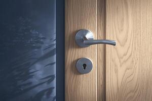 AI generated Stainless steel door handle on a wooden door, interior knob photo