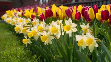 AI generated Springtime flower bed with daffodils and tulips photo