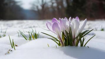 AI generated Start of spring symbolized by crocus flower emerging from snow photo