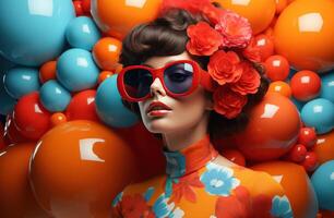 ai generado un Moda niña en lentes es vestido arriba con vistoso flores y globos foto