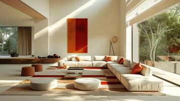 AI generated A minimalist living room with white walls and furniture, accented by a vibrant area rug photo