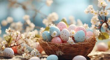 AI generated colorful Easter eggs in spring in white baskets on sunny background spring background photo