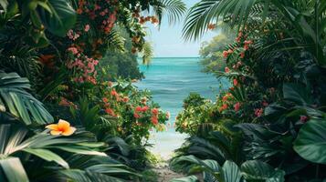 AI generated A minimalist composition of a tropical paradise, with lush greenery, exotic flowers photo