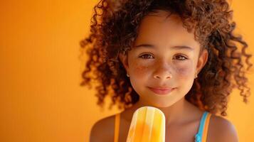 ai generado un encantador joven niña en un verano traje de baño sostiene un encantador Fruta hielo popular en contra un naranja antecedentes foto