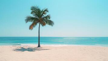 AI generated sandy beach, with clear blue skies, sparkling water, and a single palm tree casting a shadow photo