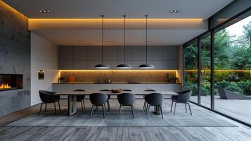 AI generated A minimalist dining area featuring a sleek table, modern chairs, and a statement lighting fixture photo