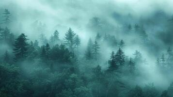 AI generated A minimalist photograph of a misty forest, with tall trees fading into the fog and a soft photo