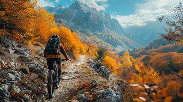 ai generado un montaña motorista navegando un rocoso camino, rodeado por vibrante otoño hojas foto