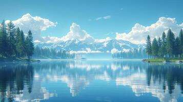 AI generated A minimalist composition of a tranquil lake, with calm waters reflecting the surrounding trees photo