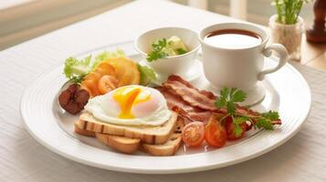 AI generated English breakfast presentation, featuring neatly arranged ingredients on a white plate photo