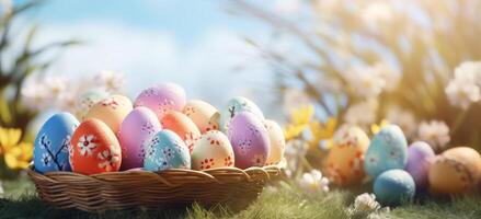 ai generado vistoso Pascua de Resurrección huevos en un cesta en el primavera Dom foto