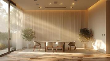 AI generated A minimalist dining area featuring a sleek table, modern chairs, and a statement lighting fixture photo