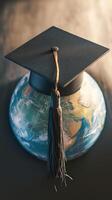AI generated Photo Global education Graduation cap and Earth globe, business study concept Vertical Mobile Wallpaper