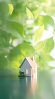 ai generado hogar Sueños pequeño modelo casa en contra verde bokeh antecedentes vertical móvil fondo de pantalla foto