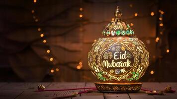 AI generated Intricately decorated lamp bearing Eid Mubarak wishes, festive vibes photo