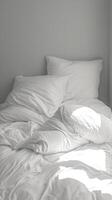 AI generated Relaxed vibes Messy white bedding sheets and pillows in monochrome Vertical Mobile Wallpaper photo