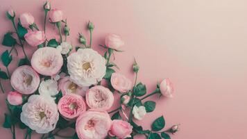 AI generated Festive background with summer blossoming delicate roses, pastel toned photo