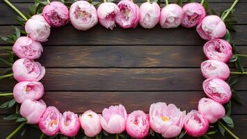 ai generado floral marco de rosado peonías en de madera fondo, estilizado foto