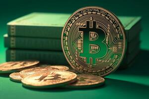 AI generated Crypto wealth Coins with bitcoin symbol on a green background photo