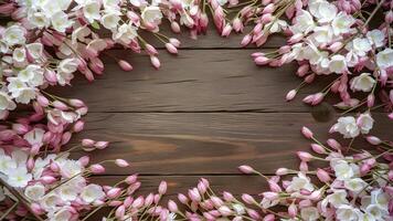ai generado naturaleza temporada antecedentes con sakura flor jardín, madera mesa parte superior foto
