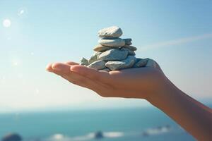 AI generated Hands holding gravel pile against a scenic sea background photo