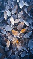 AI generated Extreme winter beauty Frost covered leaves in a tranquil snowy setting Vertical Mobile Wallpaper photo