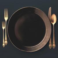 AI generated Table setting Top view of an empty black plate, utensils For Social Media Post Size photo