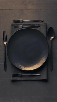 ai generado mesa ajuste parte superior ver de un vacío negro lámina, utensilios vertical móvil fondo de pantalla foto