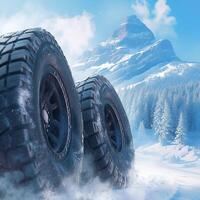 AI generated Black tires positioned against a snowy mountain background For Social Media Post Size photo