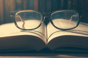 AI generated Vintage study vibes Close up of open book with eyeglasses photo