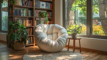 AI generated A cozy reading nook with a comfortable chair, a small side table photo