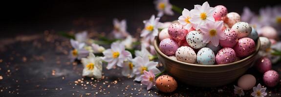 ai generado cesta lleno con de colores Pascua de Resurrección huevos, flor bombillas, y narcisos, creando un festivo foto