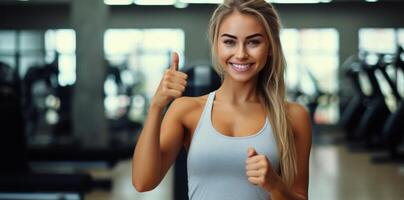 ai generado un gimnasio niña dando pulgares arriba foto