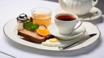 ai generado Inglés desayuno presentación, presentando pulcramente arreglado ingredientes en un blanco plato foto