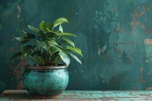AI generated a potted plant in a green bowl with an old wooden desk photo